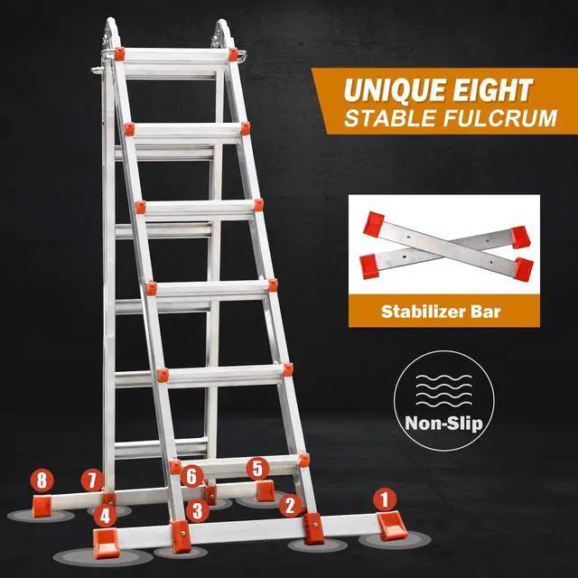 Alt view image 2 of 6 - Ladder, A Frame Extension Ladder, Multi Position with Stabilizer Bar, 330 lbs Weight Rating Telescoping Ladder for Household or Outdoor Work, 22.5 Ft, Orange