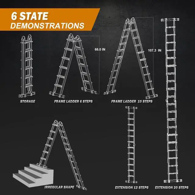 Alt view image 6 of 6 - Ladder, A Frame Extension Ladder, Multi Position with Stabilizer Bar, 330 lbs Weight Rating Telescoping Ladder for Household or Outdoor Work, 22.5 Ft, Orange