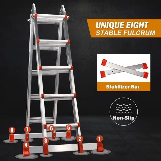 Alt view image 2 of 6 - Ladder, A Frame Extension Ladder, Multi Position with Stabilizer Bar, 330 lbs Weight Rating Telescoping Ladder for Household or Outdoor Work, 17.5 Ft, Orange