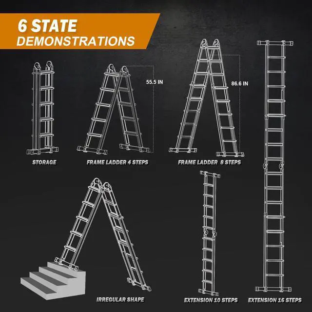 Alt view image 5 of 6 - Ladder, A Frame Extension Ladder, Multi Position with Stabilizer Bar, 330 lbs Weight Rating Telescoping Ladder for Household or Outdoor Work, 17.5 Ft, Orange