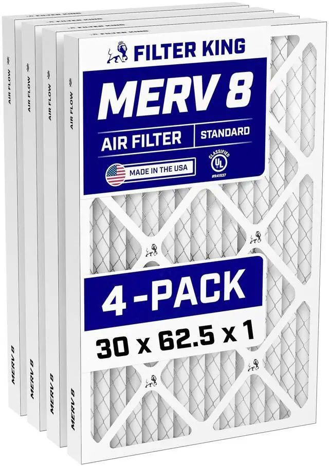 Main image of 30x62.5x1 Air Filter (MERV 8) (4-Pack) Dust & Allergy Control AC Furnace Filters, MADE IN USA, HVAC, Pleated, Electrostatic (Actual Size: 30 x 62.5 x.75)