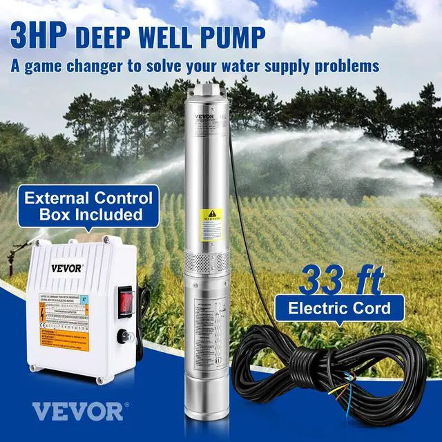 Alt view image 2 of 6 - Deep Well Submersible Pump, 3HP 230V/60Hz, 37GPM 640 ft Head, with 33 ft Cord & External Control Box, 4 inch Stainless Steel Water Pumps for Industrial, Irrigation and Home Use, IP68 Waterproof
