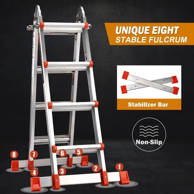 Alt view image 2 of 6 - Ladder, A Frame Extension Ladder, Multi Position with Stabilizer Bar, 330 lbs Weight Rating Telescoping Ladder for Household or Outdoor Work, 14.5 Ft, Orange