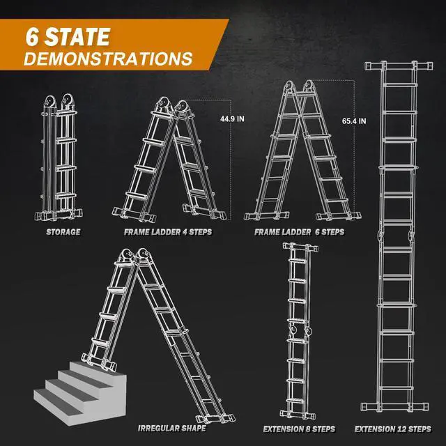 Alt view image 5 of 6 - Ladder, A Frame Extension Ladder, Multi Position with Stabilizer Bar, 330 lbs Weight Rating Telescoping Ladder for Household or Outdoor Work, 14.5 Ft, Orange
