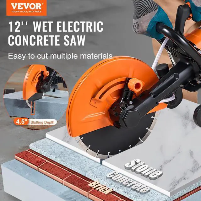 Alt view image 2 of 6 - Electric Concrete Saw, 12 in, 1800 W Motor Circular Saw Cutter with Max. 4.5 in Adjustable Cutting Depth, Wet Disk Saw Cutter Includes Water Line, Pump and Blade, for Stone, Brick