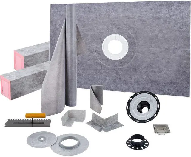 Main image of Shower Curb Kit, 48"x72" Watertight Shower Curb Overlay with 4" PVC Central Bonding Flange, 4" Stainless Steel Grate, 2 Cuttable Shower Curb and Trowel, Shower Pan Slope Sticks Fit for Bathroom