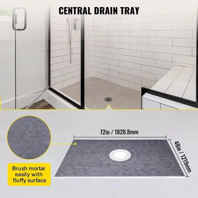 Alt view image 2 of 6 - Shower Curb Kit, 48"x72" Watertight Shower Curb Overlay with 4" PVC Central Bonding Flange, 4" Stainless Steel Grate, 2 Cuttable Shower Curb and Trowel, Shower Pan Slope Sticks Fit for Bathroom