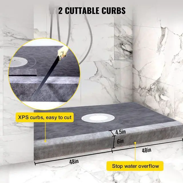 Alt view image 4 of 6 - Shower Curb Kit, 48"x72" Watertight Shower Curb Overlay with 4" PVC Central Bonding Flange, 4" Stainless Steel Grate, 2 Cuttable Shower Curb and Trowel, Shower Pan Slope Sticks Fit for Bathroom