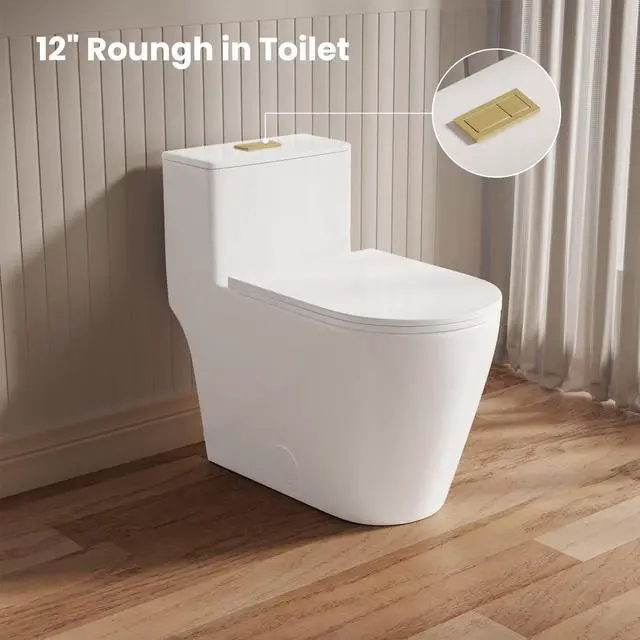 Alt view image 3 of 6 - Elongated One Piece Toilet with 17" ADA Comfort Chair Height Seat Compact Toilet for Bathroom Dual Flush 1.1/1.6GPF, 12'' Rough-in, Dual Flush Toilet Button Golden