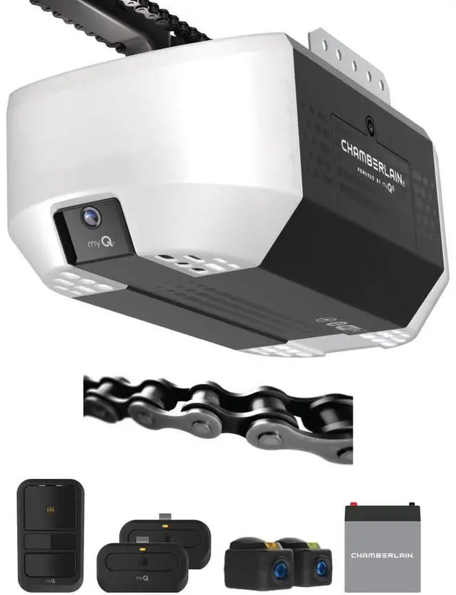 Main image of 3/4 HP Chain Drive Smart Garage Door Opener with Fixed Camera, Battery Backup, 2-Bulb Lighting, and myQ Connectivity