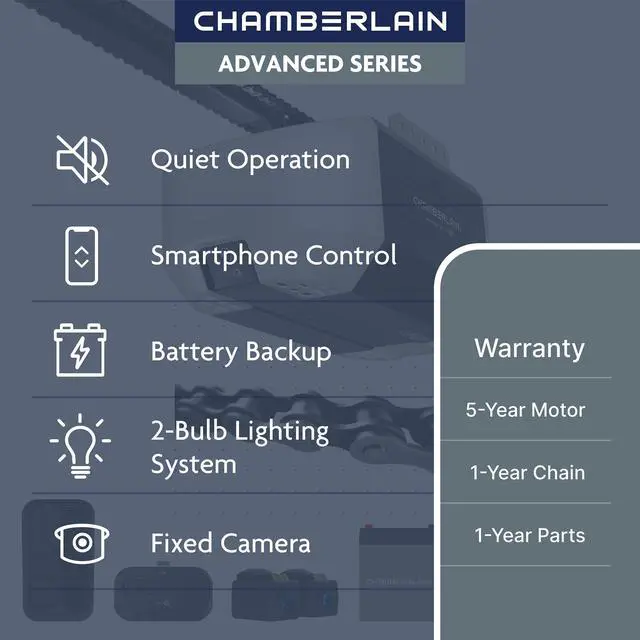Alt view image 2 of 6 - 3/4 HP Chain Drive Smart Garage Door Opener with Fixed Camera, Battery Backup, 2-Bulb Lighting, and myQ Connectivity
