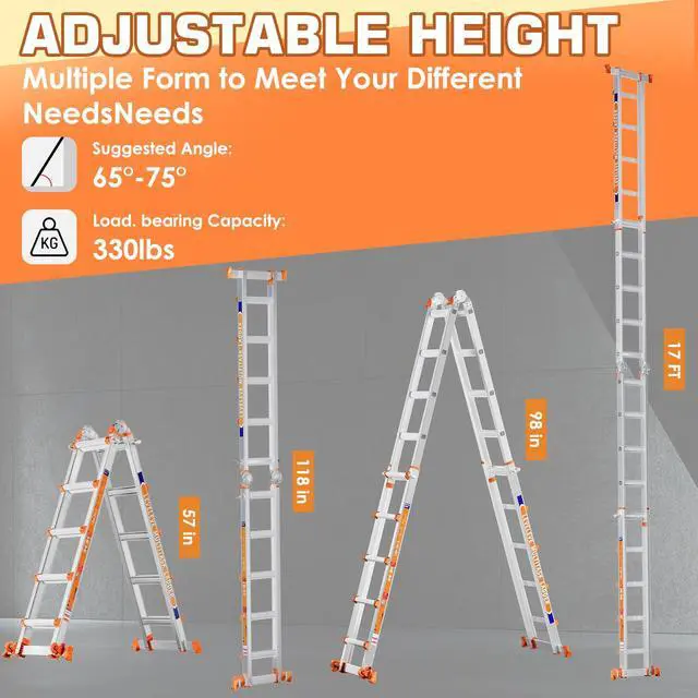Alt view image 4 of 6 - Telescoping A Frame Ladder, 22FT Multi Position Ladder with Stabilizer Bar & Wheels,330 lbs Security Load for Stairs Home Indoor Outdoor Roof