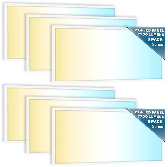 Main image of Sunco 6 Pack 2x4 LED Flat Panel Light Drop Ceiling Office Fixture, 7700 LM, Selectable Features, 40W/50W/60W, 4000K/5000K/6000K, Dimmable (0-10V), Surface or Suspension Mount, Dustproof ETL