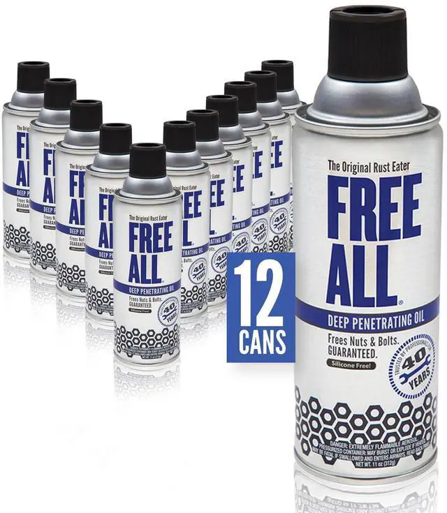 Main image of Free All Deep Penetrating Oil Rust Remover, Loosen Rusty Nuts & Bolts, Screws, Clamps, Pipes, 11 oz. Aerosol, 12 Pack
