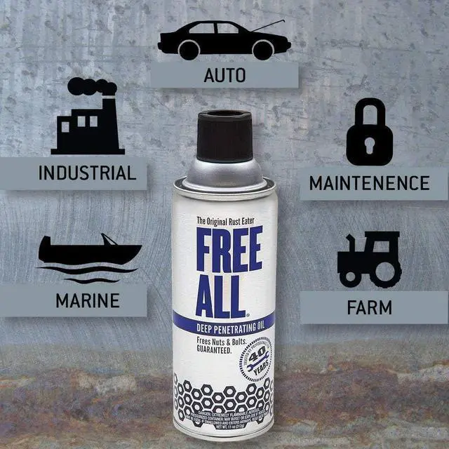 Alt view image 2 of 6 - Free All Deep Penetrating Oil Rust Remover, Loosen Rusty Nuts & Bolts, Screws, Clamps, Pipes, 11 oz. Aerosol, 12 Pack