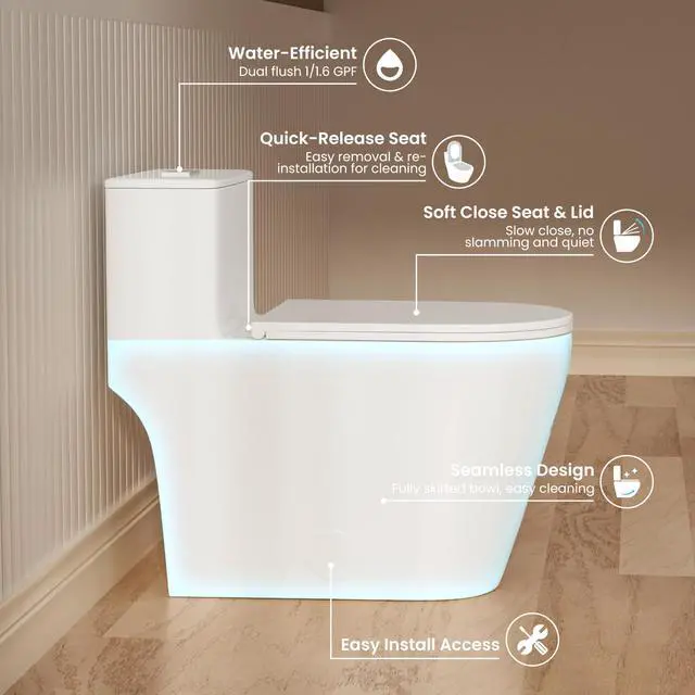 Alt view image 2 of 6 - Elongated One Piece Toilet with 17" ADA Comfort Chair Height Seat Compact Toilet for Bathroom Dual Flush 1.1/1.6GPF, 12'' Rough-in, High Efficiency Flush, Standard White Bowl