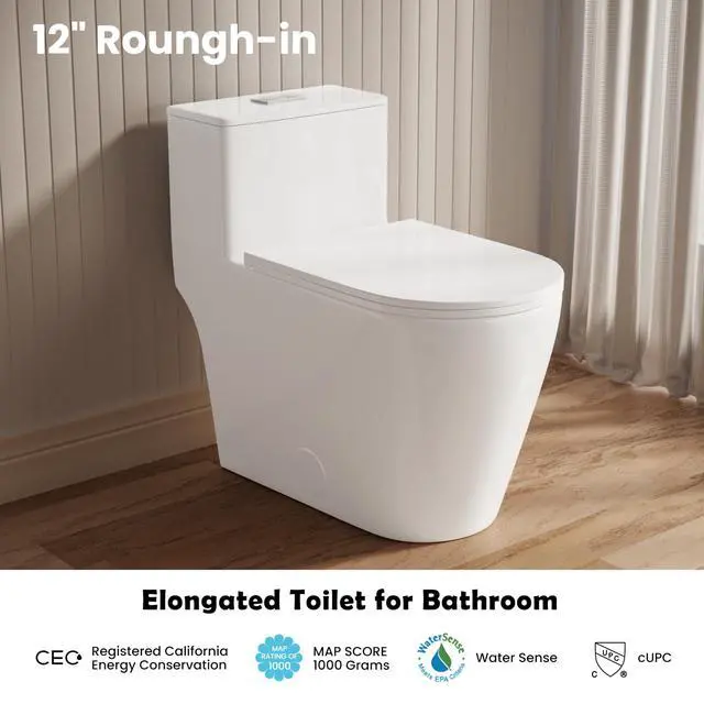 Alt view image 4 of 6 - Elongated One Piece Toilet with 17" ADA Comfort Chair Height Seat Compact Toilet for Bathroom Dual Flush 1.1/1.6GPF, 12'' Rough-in, High Efficiency Flush, Standard White Bowl