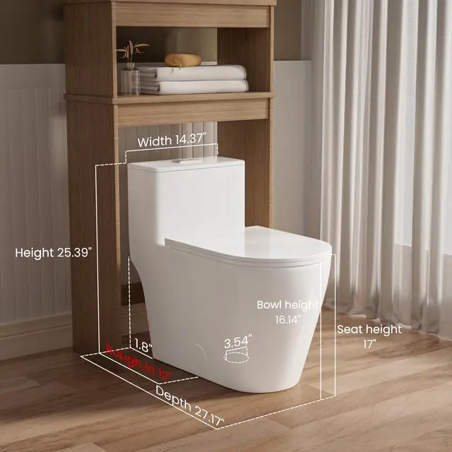 Alt view image 6 of 6 - Elongated One Piece Toilet with 17" ADA Comfort Chair Height Seat Compact Toilet for Bathroom Dual Flush 1.1/1.6GPF, 12'' Rough-in, High Efficiency Flush, Standard White Bowl
