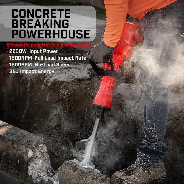 Alt view image 2 of 6 - 2200W Electric Demolition Jack Hammer Concrete Floor Demo Breaker Cement Breaker Floor Drill DIY (Point Bull, Chisel & Shovel Bits) w/Carrying Case