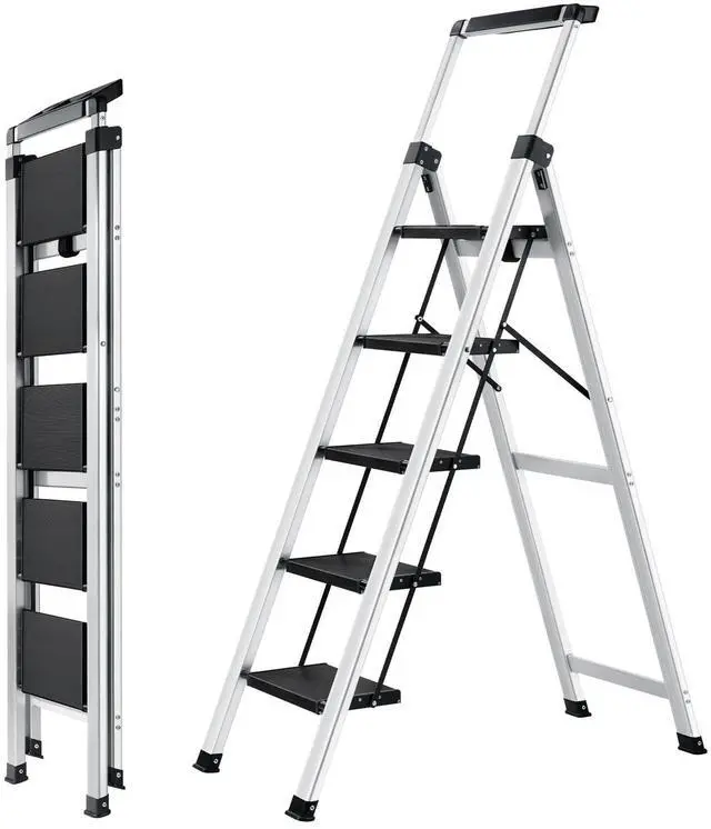 Main image of 5 Step Ladder, Aluminum Folding Stool with Retractable Handrails & Tool Tray, Anti-Slip, Sturdy Lightweight, 330lbs Safety for Kitchen Indoor Outdoor (Black, 5 Step)
