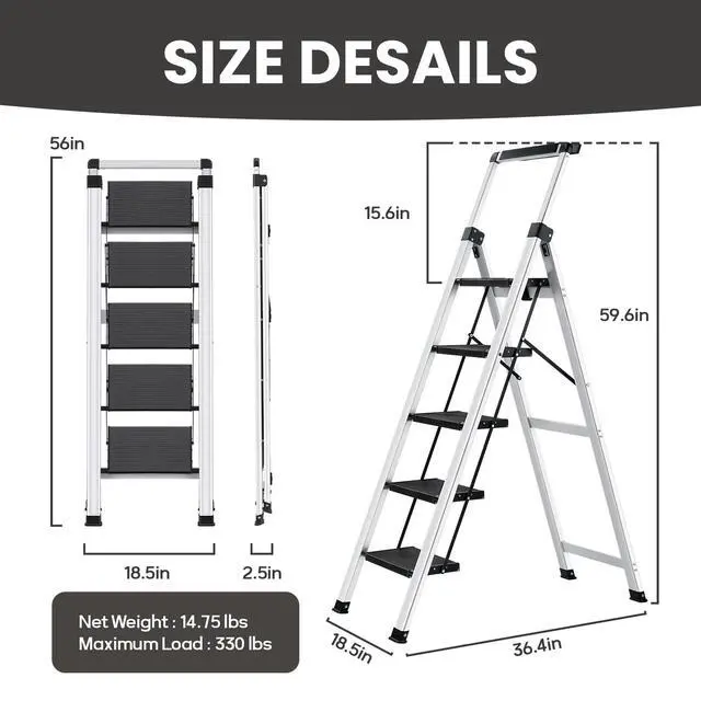 Alt view image 2 of 6 - 5 Step Ladder, Aluminum Folding Stool with Retractable Handrails & Tool Tray, Anti-Slip, Sturdy Lightweight, 330lbs Safety for Kitchen Indoor Outdoor (Black, 5 Step)