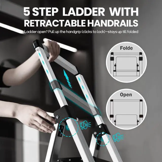 Alt view image 3 of 6 - 5 Step Ladder, Aluminum Folding Stool with Retractable Handrails & Tool Tray, Anti-Slip, Sturdy Lightweight, 330lbs Safety for Kitchen Indoor Outdoor (Black, 5 Step)