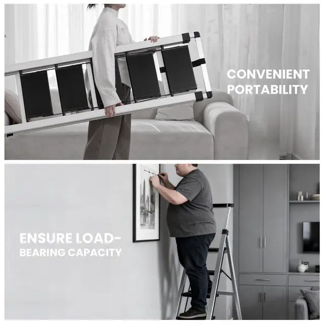 Alt view image 5 of 6 - 5 Step Ladder, Aluminum Folding Stool with Retractable Handrails & Tool Tray, Anti-Slip, Sturdy Lightweight, 330lbs Safety for Kitchen Indoor Outdoor (Black, 5 Step)