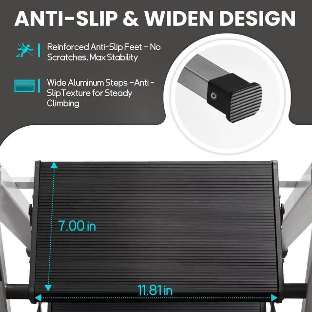 Alt view image 6 of 6 - 5 Step Ladder, Aluminum Folding Stool with Retractable Handrails & Tool Tray, Anti-Slip, Sturdy Lightweight, 330lbs Safety for Kitchen Indoor Outdoor (Black, 5 Step)