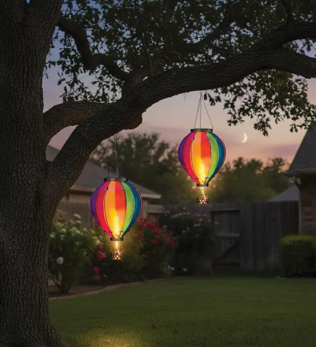 Alt view image 2 of 6 - Hot Air Balloon Solar Lantern Hanging Solar-Powered LED Lights, Waterproof Portable Decorative Outdoor Lamp Made of Metal & Glass for Garden, Patios & Pathway Rainbow(X-Large)