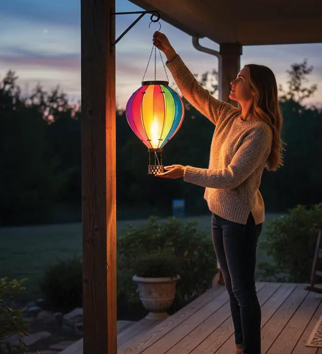 Alt view image 4 of 6 - Hot Air Balloon Solar Lantern Hanging Solar-Powered LED Lights, Waterproof Portable Decorative Outdoor Lamp Made of Metal & Glass for Garden, Patios & Pathway Rainbow(X-Large)