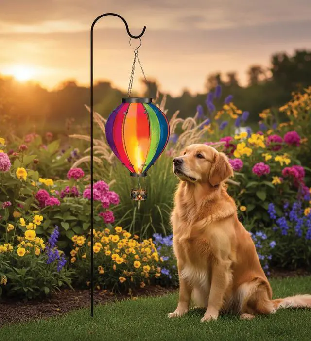 Alt view image 5 of 6 - Hot Air Balloon Solar Lantern Hanging Solar-Powered LED Lights, Waterproof Portable Decorative Outdoor Lamp Made of Metal & Glass for Garden, Patios & Pathway Rainbow(X-Large)