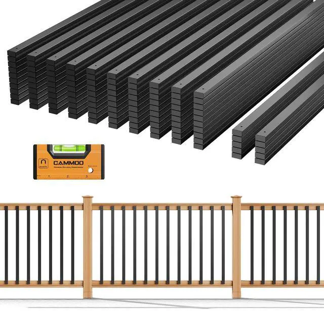 Main image of 110 Pcs 38'' Square Deck Balusters, Straight Rectangular Porch Railing Kit with Level, Pre-Installed End Cap & Screws, Anti-Rust Spindles for Balcony, Poolside, Staircase Indoor Outdoor, Black