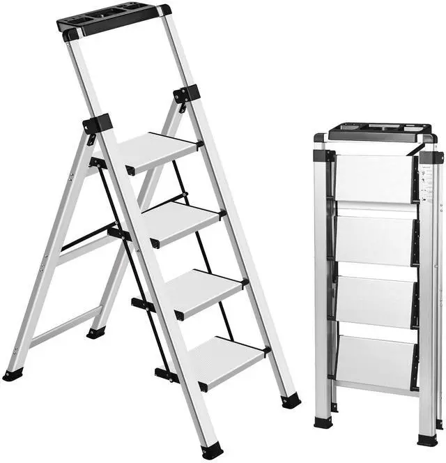 Main image of 4 Step Ladder, Retractable Handgrip Folding Step Stool with Anti-Slip Wide Pedal, Aluminum Stool Ladders 4 Steps, 330lbs Safety Household Ladder