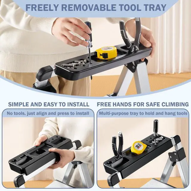 Alt view image 2 of 6 - 4 Step Ladder, Retractable Handgrip Folding Step Stool with Anti-Slip Wide Pedal, Aluminum Stool Ladders 4 Steps, 330lbs Safety Household Ladder