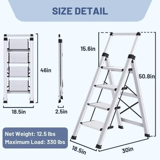 Alt view image 6 of 6 - 4 Step Ladder, Retractable Handgrip Folding Step Stool with Anti-Slip Wide Pedal, Aluminum Stool Ladders 4 Steps, 330lbs Safety Household Ladder