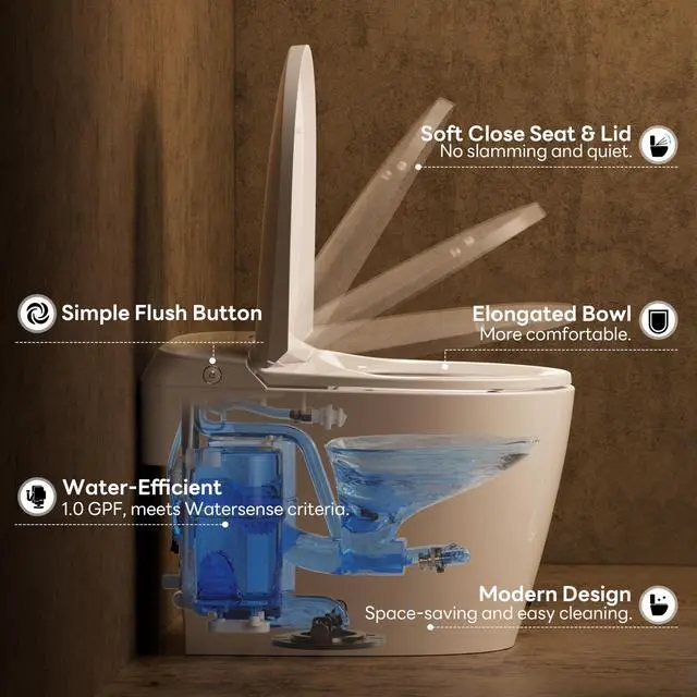 Alt view image 2 of 6 - Elongated One Piece Toilet with 17.2" ADA Comfort Height Seat Modern Toilet for Bathroom 1.0GPF Button & Foot Kick Flush, Air Pressure Assisted Flush, 12'' Rough-in, Standard White Bowl