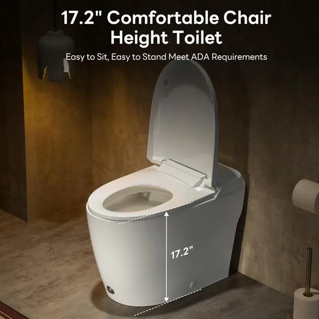 Alt view image 6 of 6 - Elongated One Piece Toilet with 17.2" ADA Comfort Height Seat Modern Toilet for Bathroom 1.0GPF Button & Foot Kick Flush, Air Pressure Assisted Flush, 12'' Rough-in, Standard White Bowl