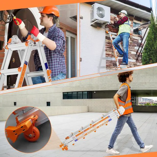 Alt view image 5 of 6 - 20FT Extension Ladder,A Frame 6 Step Ladder with Stabilizer Bar & Wheels,330 lbs Security Load Multi Position Ladder for Stairs Home Indoor Outdoor Roof