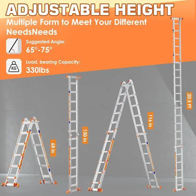 Alt view image 6 of 6 - 20FT Extension Ladder,A Frame 6 Step Ladder with Stabilizer Bar & Wheels,330 lbs Security Load Multi Position Ladder for Stairs Home Indoor Outdoor Roof