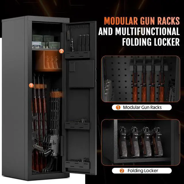 Alt view image 4 of 6 - Biometric Gun Safe Rifle,Gun Safes for Rifles and Pistols Holds 14-15 Firearms with Adjustable Racks & Pistol Storage,Fingerprint Keypad Lock Gun Cabinet for Home & Hunting for Enthusiasts
