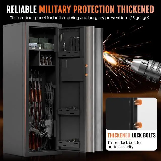 Alt view image 6 of 6 - Biometric Gun Safe Rifle,Gun Safes for Rifles and Pistols Holds 14-15 Firearms with Adjustable Racks & Pistol Storage,Fingerprint Keypad Lock Gun Cabinet for Home & Hunting for Enthusiasts
