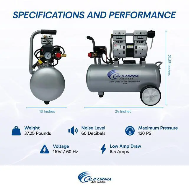 Alt view image 5 of 6 - 8010A 1.0 HP Ultra Quiet and Oil-Free Air Compressor, 8 Gallon Aluminum Tank, Lightweight with Wheels, 60 dBA Noise Level
