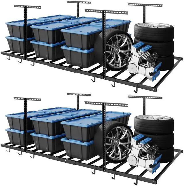 Main image of 4x8 Overhead Garage Storage Rack with 6 Hooks, Adjustable Storage Organization System, Heavy-Duty Metal Ceiling Racks, 22.6" -39.4" Ceiling Dropdown, 2 Pack, Black, Lite Series