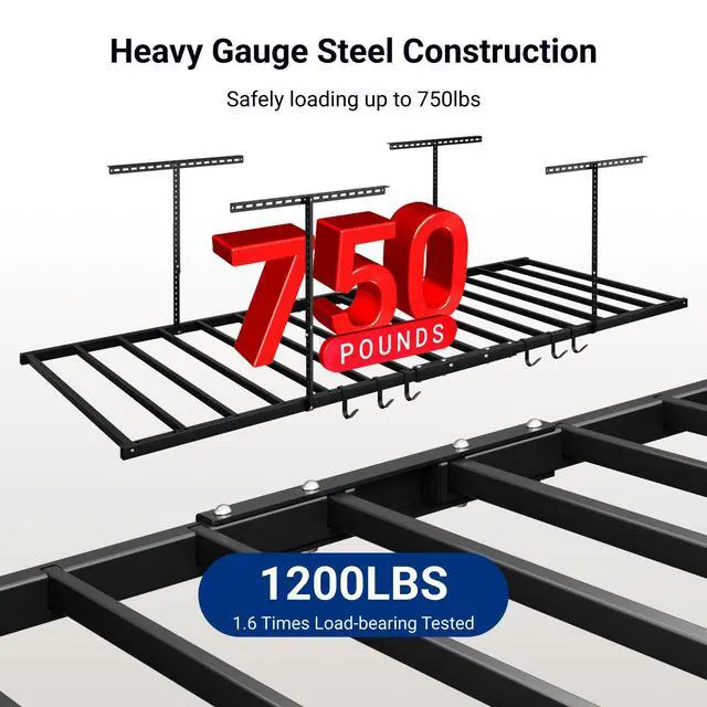 Alt view image 2 of 6 - 4x8 Overhead Garage Storage Rack with 6 Hooks, Adjustable Storage Organization System, Heavy-Duty Metal Ceiling Racks, 22.6" -39.4" Ceiling Dropdown, 2 Pack, Black, Lite Series