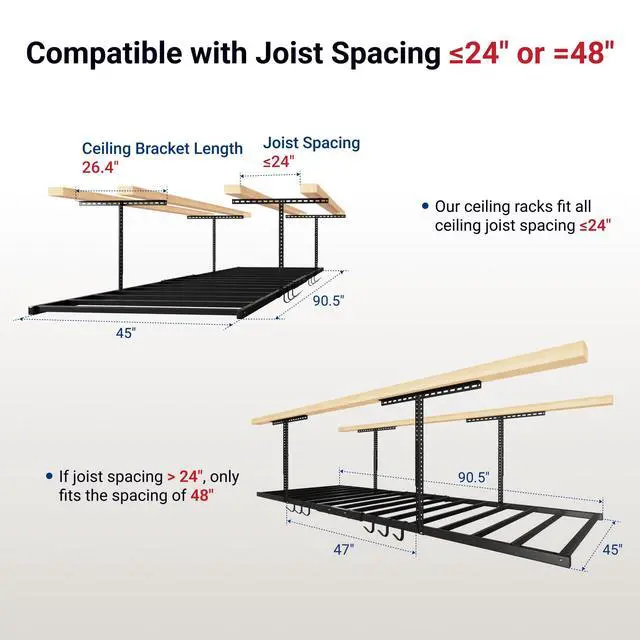 Alt view image 3 of 6 - 4x8 Overhead Garage Storage Rack with 6 Hooks, Adjustable Storage Organization System, Heavy-Duty Metal Ceiling Racks, 22.6" -39.4" Ceiling Dropdown, 2 Pack, Black, Lite Series