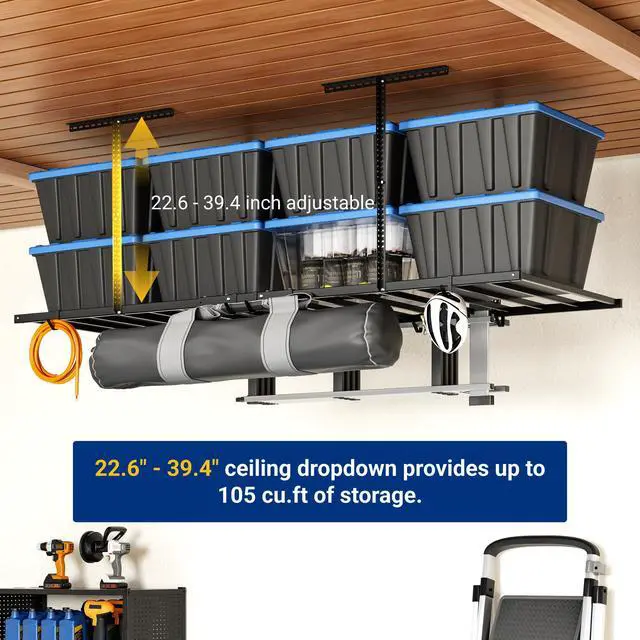 Alt view image 5 of 6 - 4x8 Overhead Garage Storage Rack with 6 Hooks, Adjustable Storage Organization System, Heavy-Duty Metal Ceiling Racks, 22.6" -39.4" Ceiling Dropdown, 2 Pack, Black, Lite Series