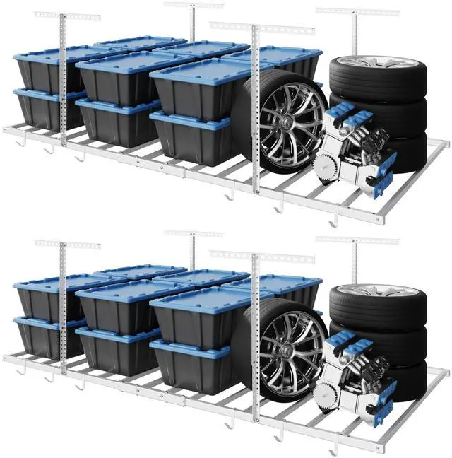 Main image of 4x8 Overhead Garage Storage Rack with 6 Hooks, Adjustable Storage Organization System, Heavy-Duty Metal Ceiling Racks, 22.6" -39.4" Ceiling Dropdown, 2 Pack, White, Lite Series