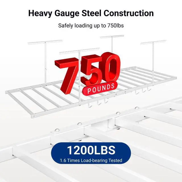 Alt view image 2 of 6 - 4x8 Overhead Garage Storage Rack with 6 Hooks, Adjustable Storage Organization System, Heavy-Duty Metal Ceiling Racks, 22.6" -39.4" Ceiling Dropdown, 2 Pack, White, Lite Series