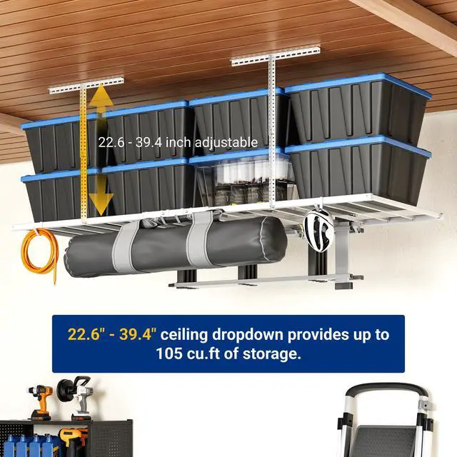 Alt view image 5 of 6 - 4x8 Overhead Garage Storage Rack with 6 Hooks, Adjustable Storage Organization System, Heavy-Duty Metal Ceiling Racks, 22.6" -39.4" Ceiling Dropdown, 2 Pack, White, Lite Series