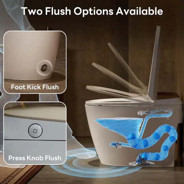 Alt view image 2 of 6 - Elongated One Piece Toilet for Bathroom Modern Toilet 1.0GPF Button & Foot Kick Flush, Air Pressure Assisted Flush, 17.2" ADA Comfort Height Seat, Brushed Gold